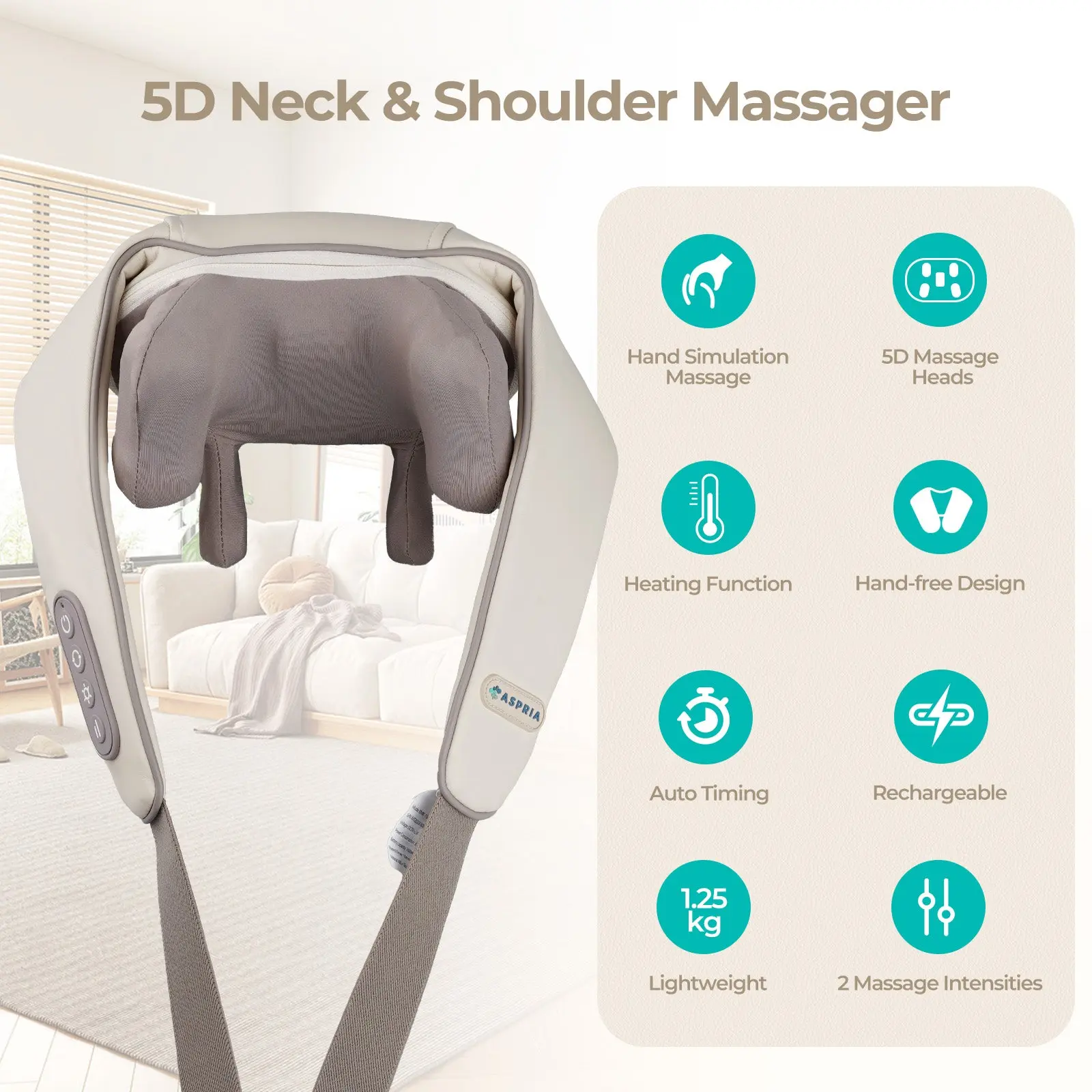 ASPRIA by NAIPO Massaggiatore per collo Shiatsu 5D con massaggiatore per spalle portatile ricaricabile al calore per collo, spalle, schiena, gambe e massaggio completo del corpo, Beige - Image 3