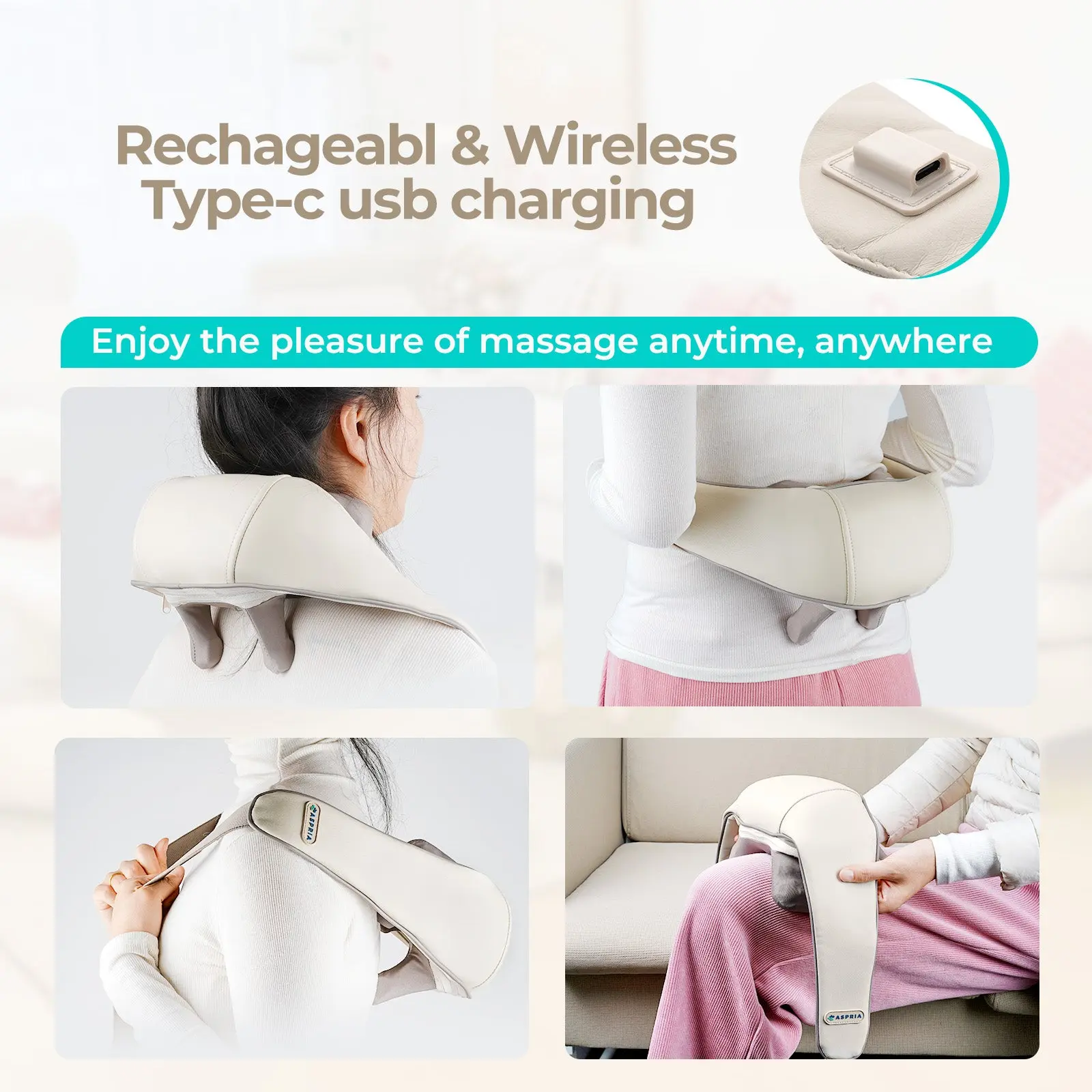 ASPRIA by NAIPO Massaggiatore per collo Shiatsu 5D con massaggiatore per spalle portatile ricaricabile al calore per collo, spalle, schiena, gambe e massaggio completo del corpo, Beige - Image 5