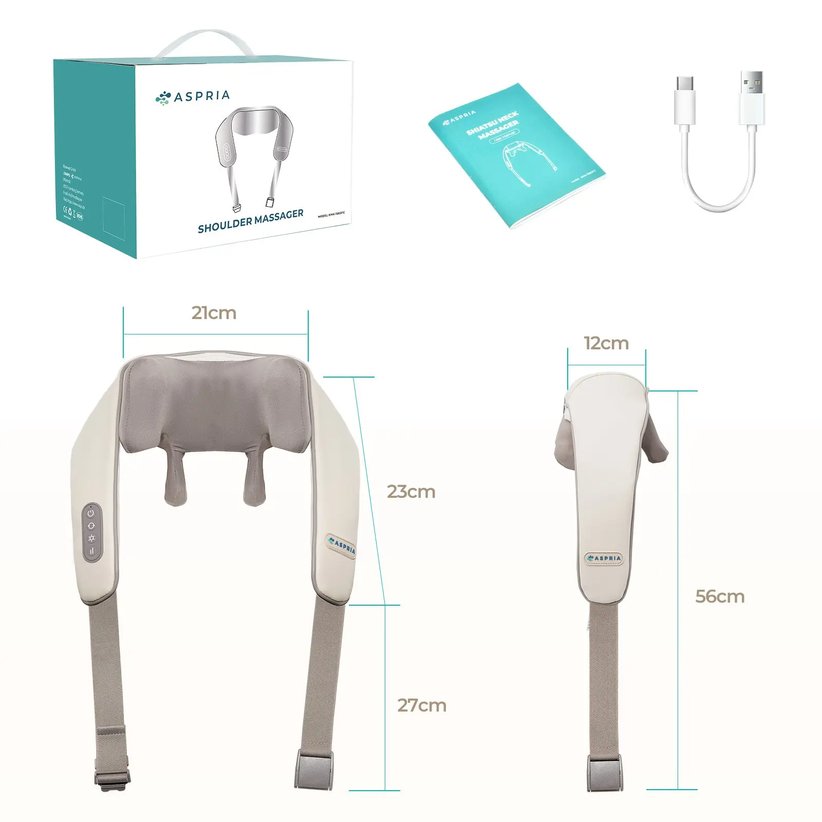 ASPRIA by NAIPO Massaggiatore per collo Shiatsu 5D con massaggiatore per spalle portatile ricaricabile al calore per collo, spalle, schiena, gambe e massaggio completo del corpo, Beige - Image 7