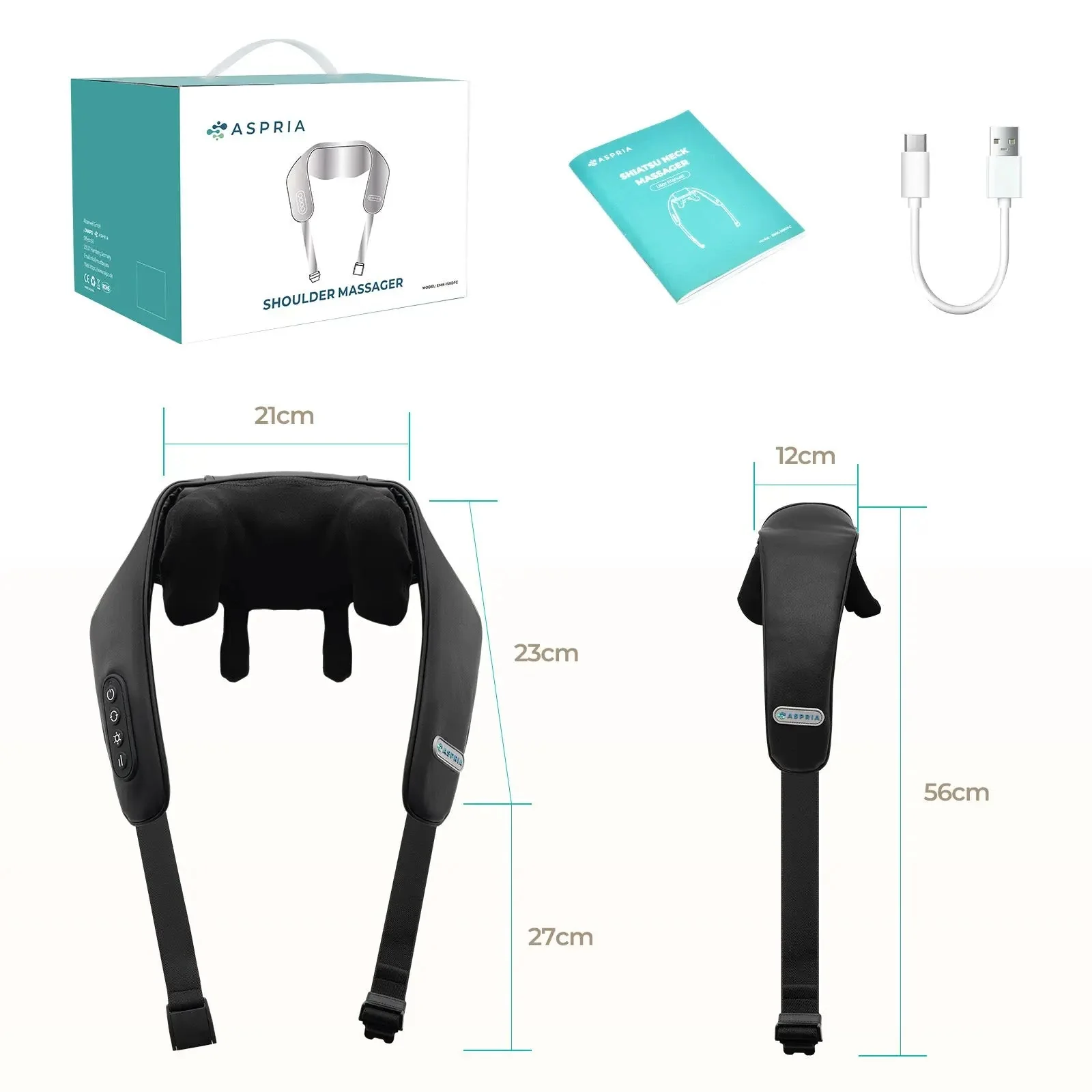 Aspria by NAIPO Massaggiatore per collo Shiatsu 5D con calore, ricaricabile, massaggiatore per spalle portatile per collo, spalle, schiena, gambe e massaggio completo del corpo, nero - Image 9