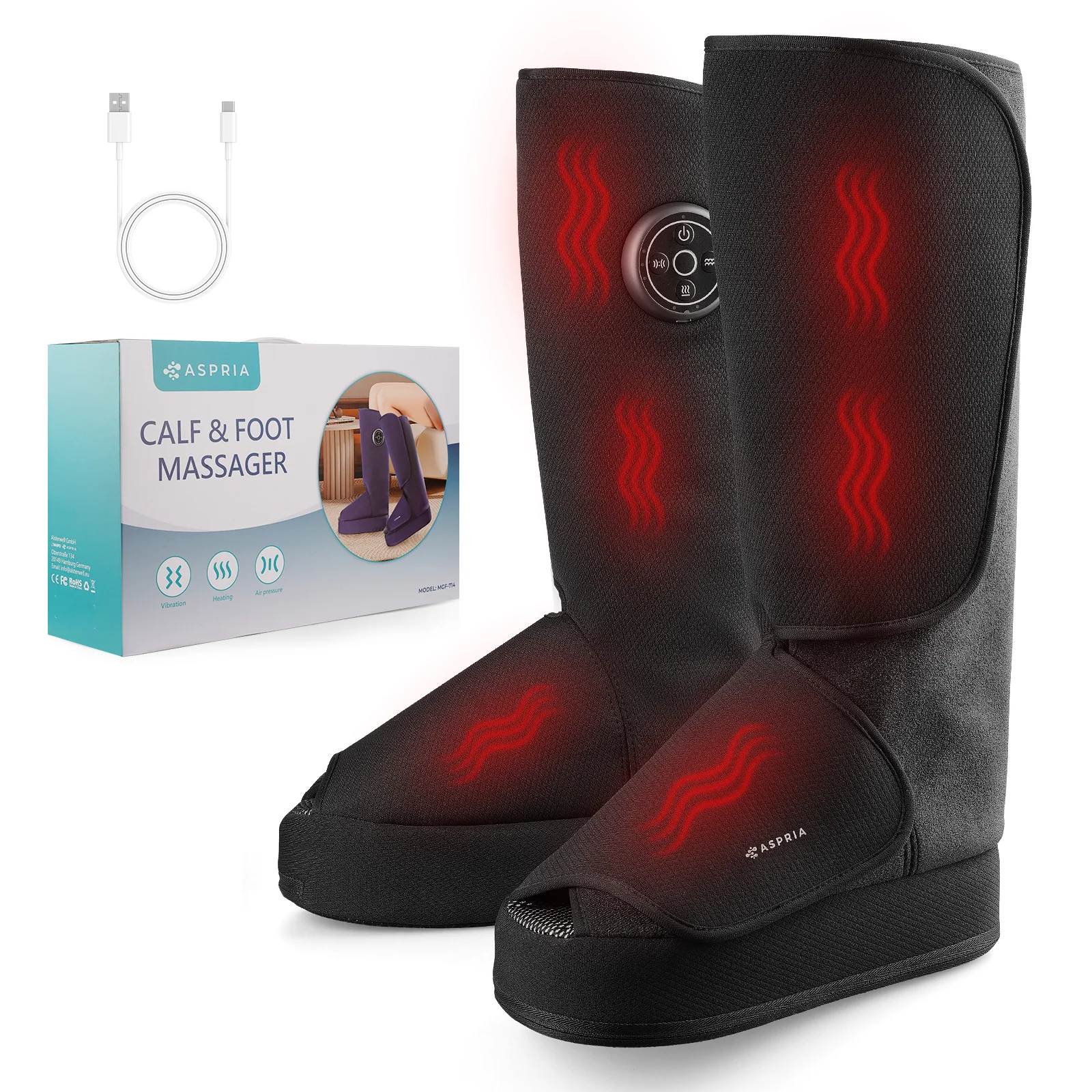 Aspria by Naipo Massaggiatore per piedi, Massaggiatore per piedi per polpacci 2 in 1 con compressione dell'aria, vibrazione e terapia del calore, Stivali per massaggio ai piedi per gambe gonfie, edema, Design wireless, Blu - Image 9