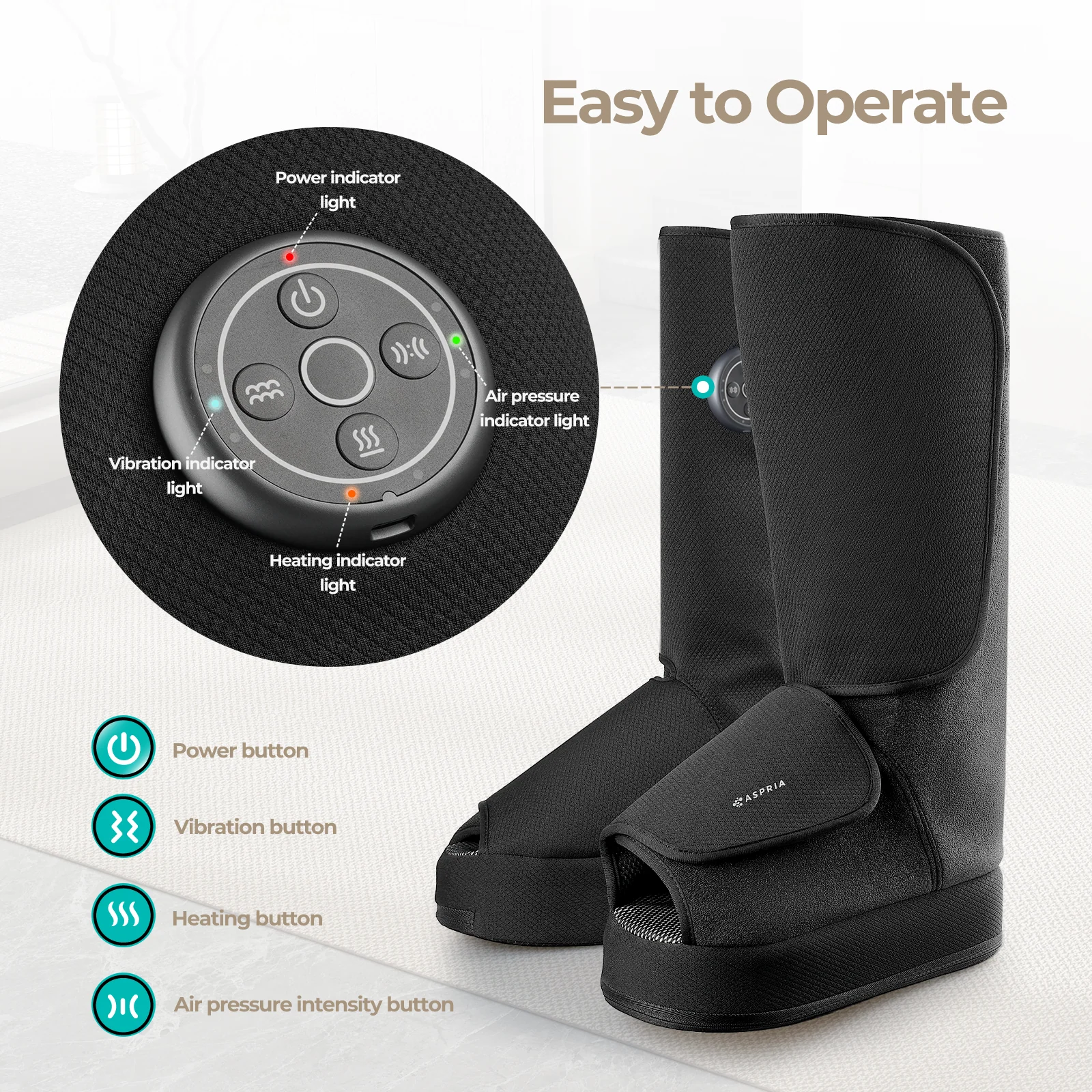 Aspria by Naipo Massaggiatore per piedi, Massaggiatore per piedi per polpacci 2 in 1 con compressione dell'aria, vibrazione e terapia del calore, Stivali per massaggio ai piedi per gambe gonfie, edema, Design wireless - Image 4