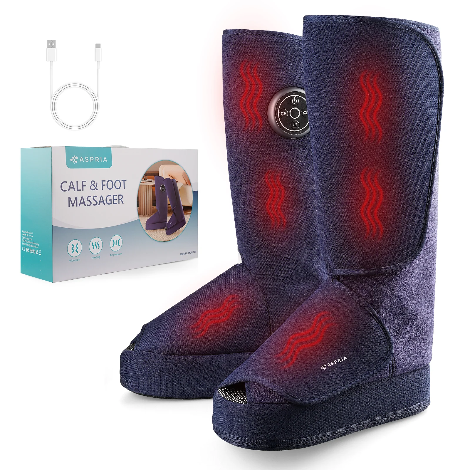 Aspria by Naipo Massaggiatore per piedi, Massaggiatore per piedi per polpacci 2 in 1 con compressione dell'aria, vibrazione e terapia del calore, Stivali per massaggio ai piedi per gambe gonfie, edema, Design wireless, Blu