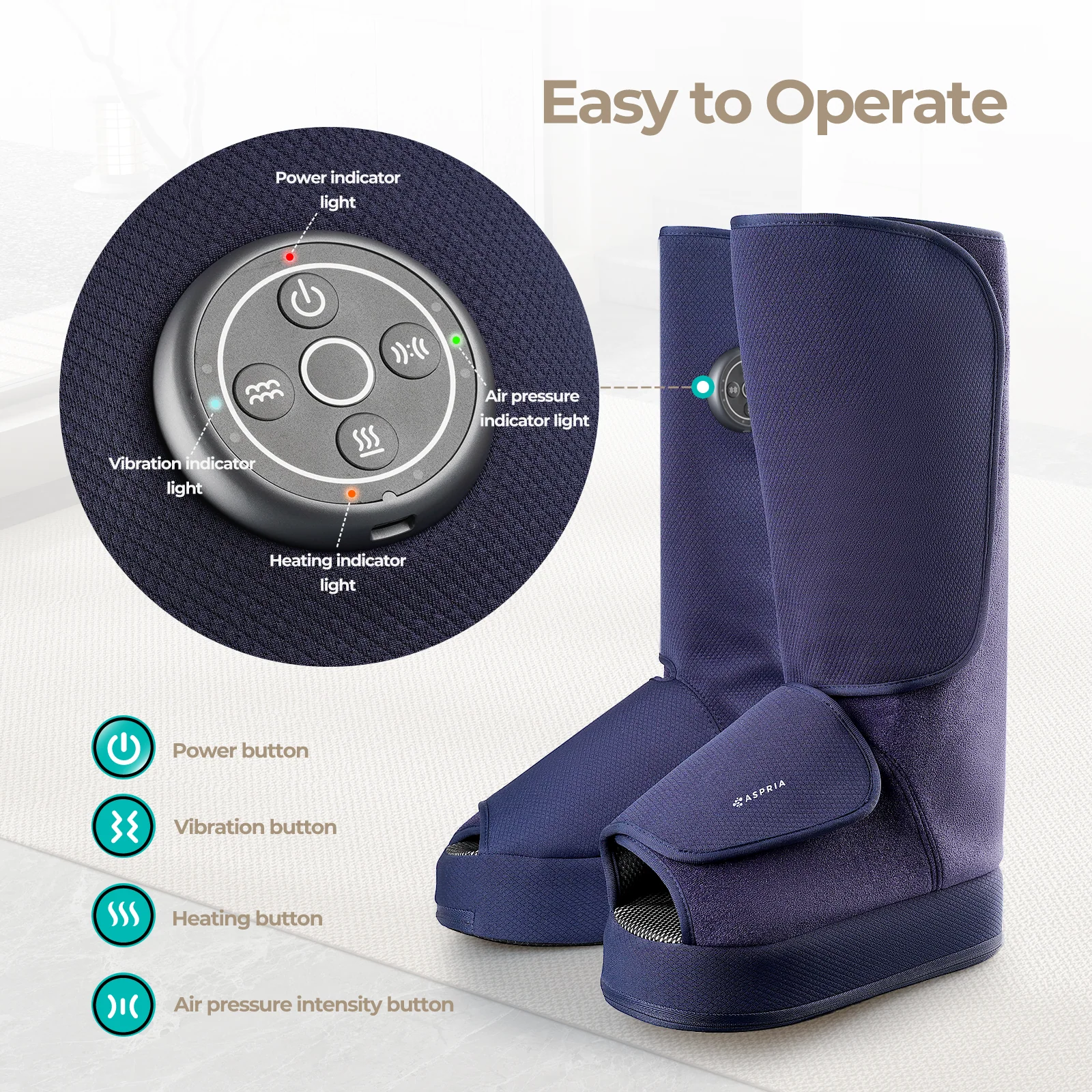 Aspria by Naipo Massaggiatore per piedi, Massaggiatore per piedi per polpacci 2 in 1 con compressione dell'aria, vibrazione e terapia del calore, Stivali per massaggio ai piedi per gambe gonfie, edema, Design wireless, Blu - Image 3