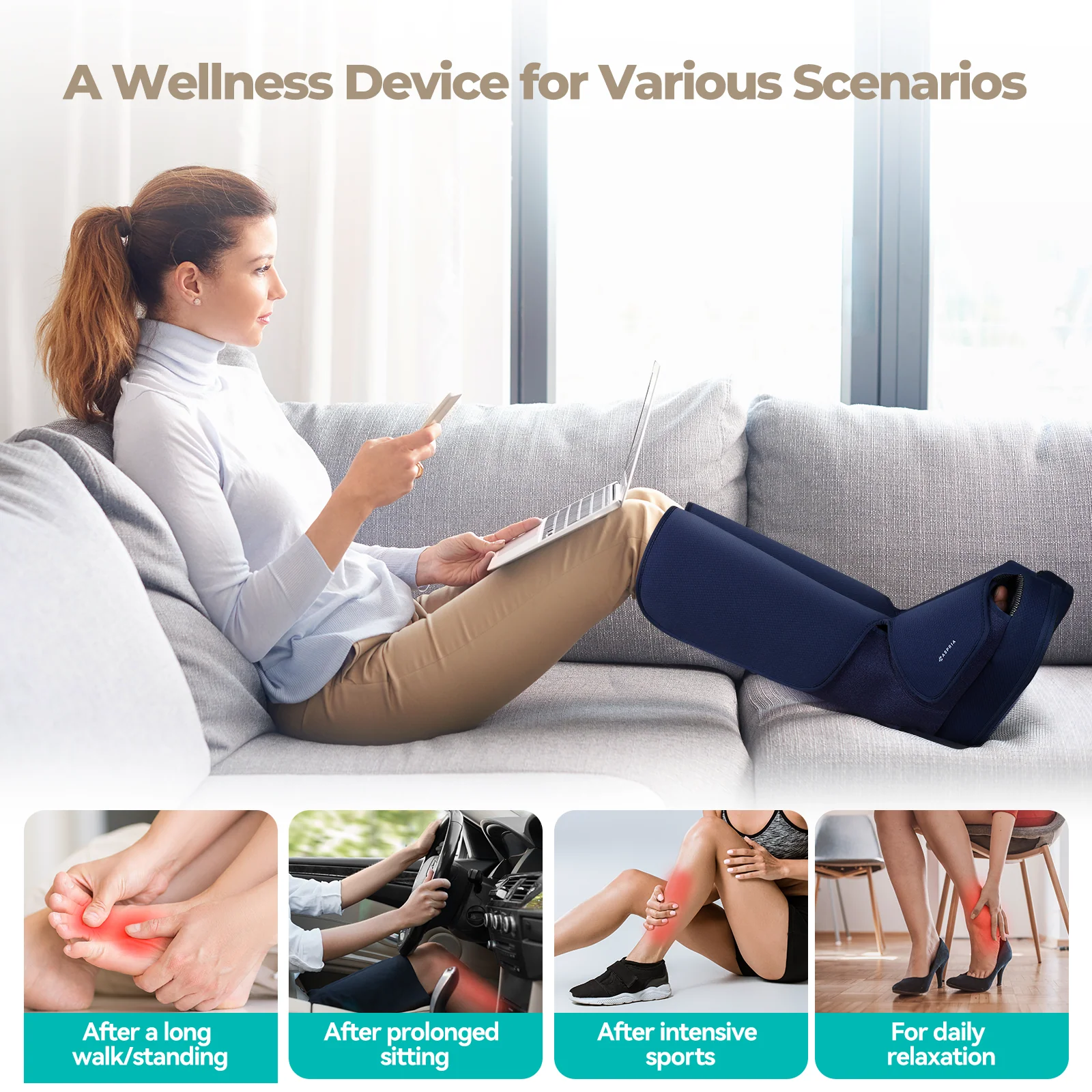 Aspria by Naipo Massaggiatore per piedi, Massaggiatore per piedi per polpacci 2 in 1 con compressione dell'aria, vibrazione e terapia del calore, Stivali per massaggio ai piedi per gambe gonfie, edema, Design wireless, Blu - Image 4