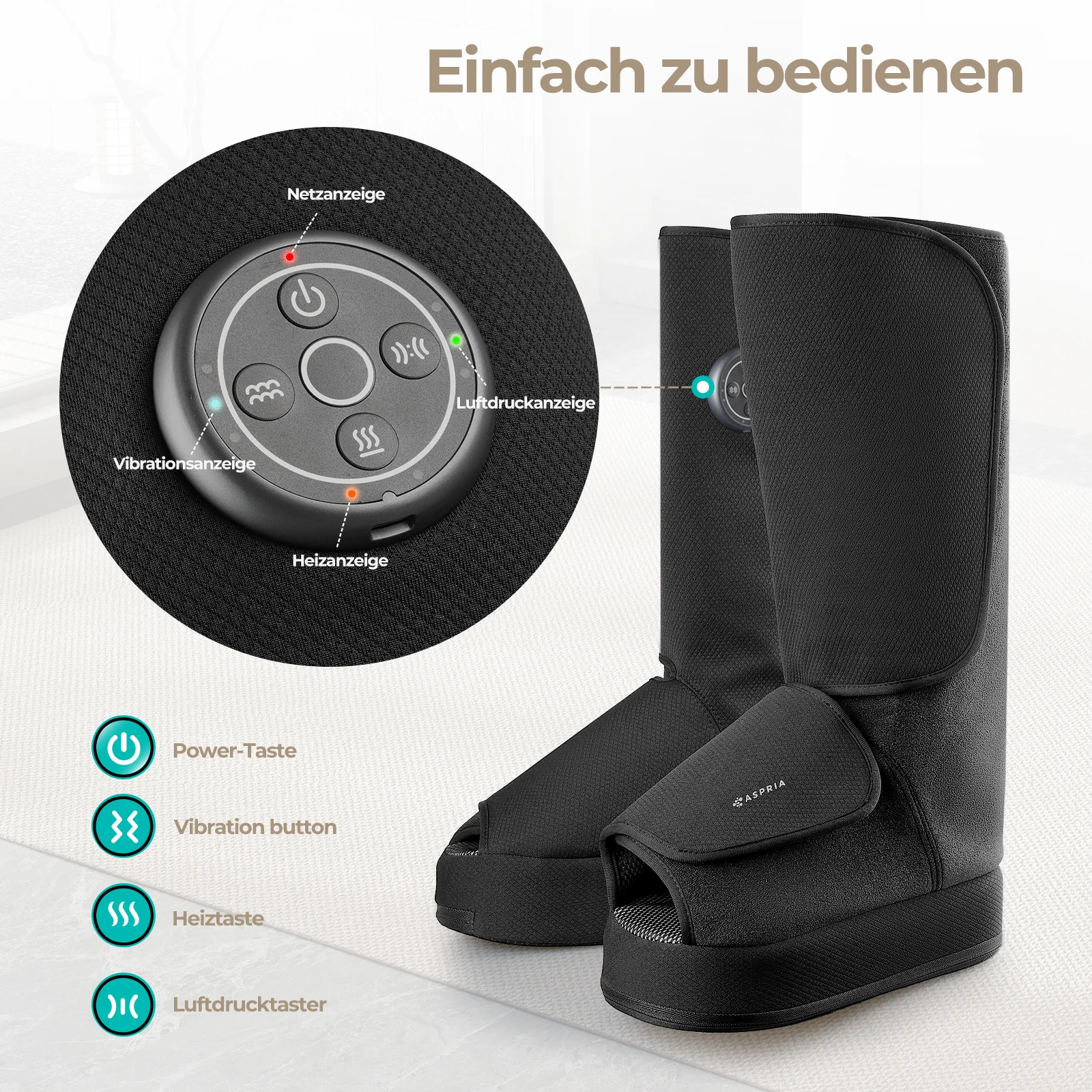 Aspria by Naipo Massaggiatore per piedi, Massaggiatore per piedi per polpacci 2 in 1 con compressione dell'aria, vibrazione e terapia del calore, Stivali per massaggio ai piedi per gambe gonfie, edema, Design wireless - Image 6