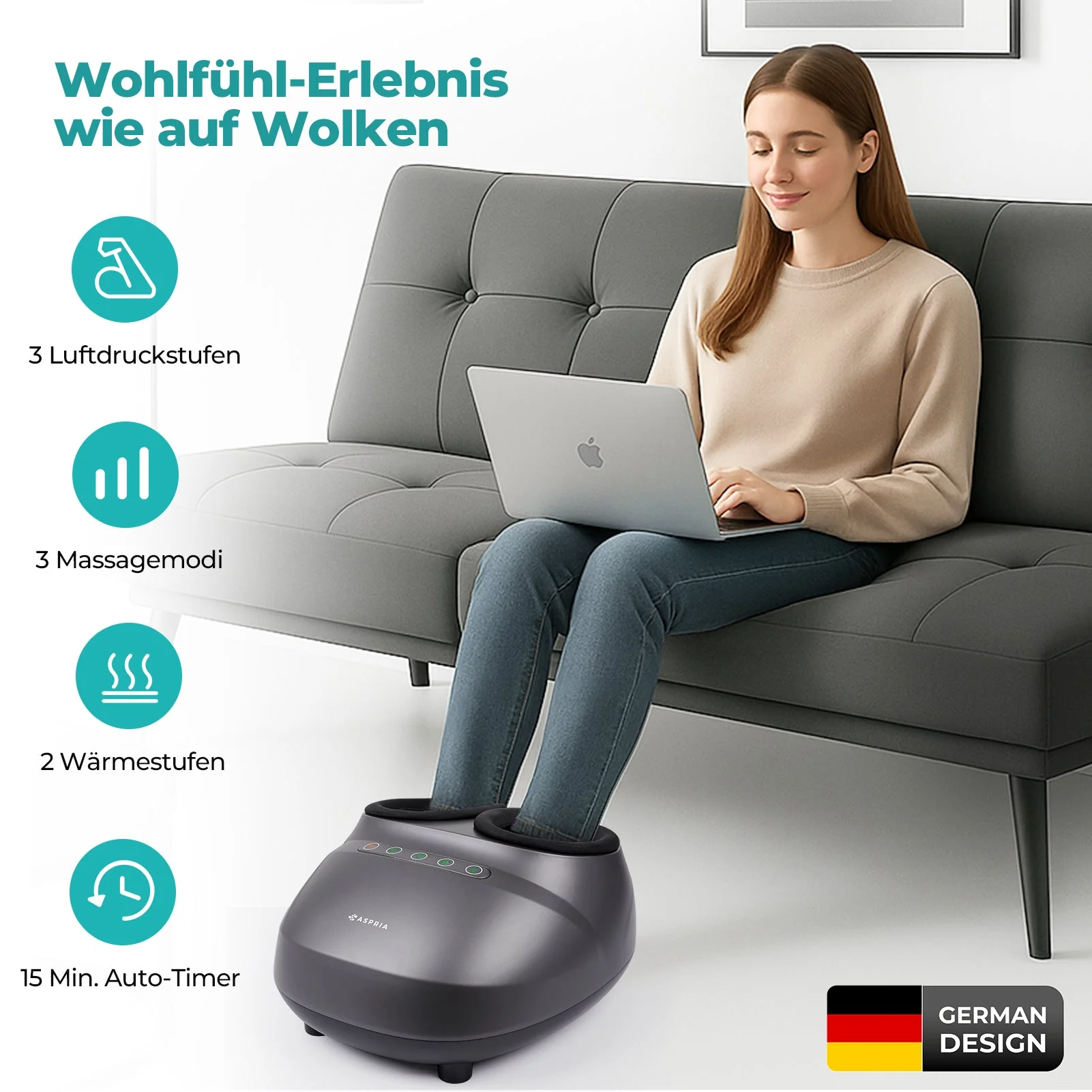 Massaggiatore per piedi Aspria Cloudwalk con funzione calore, impastamento profondo Shiatsu e compressione dell'aria a 360° - Image 3