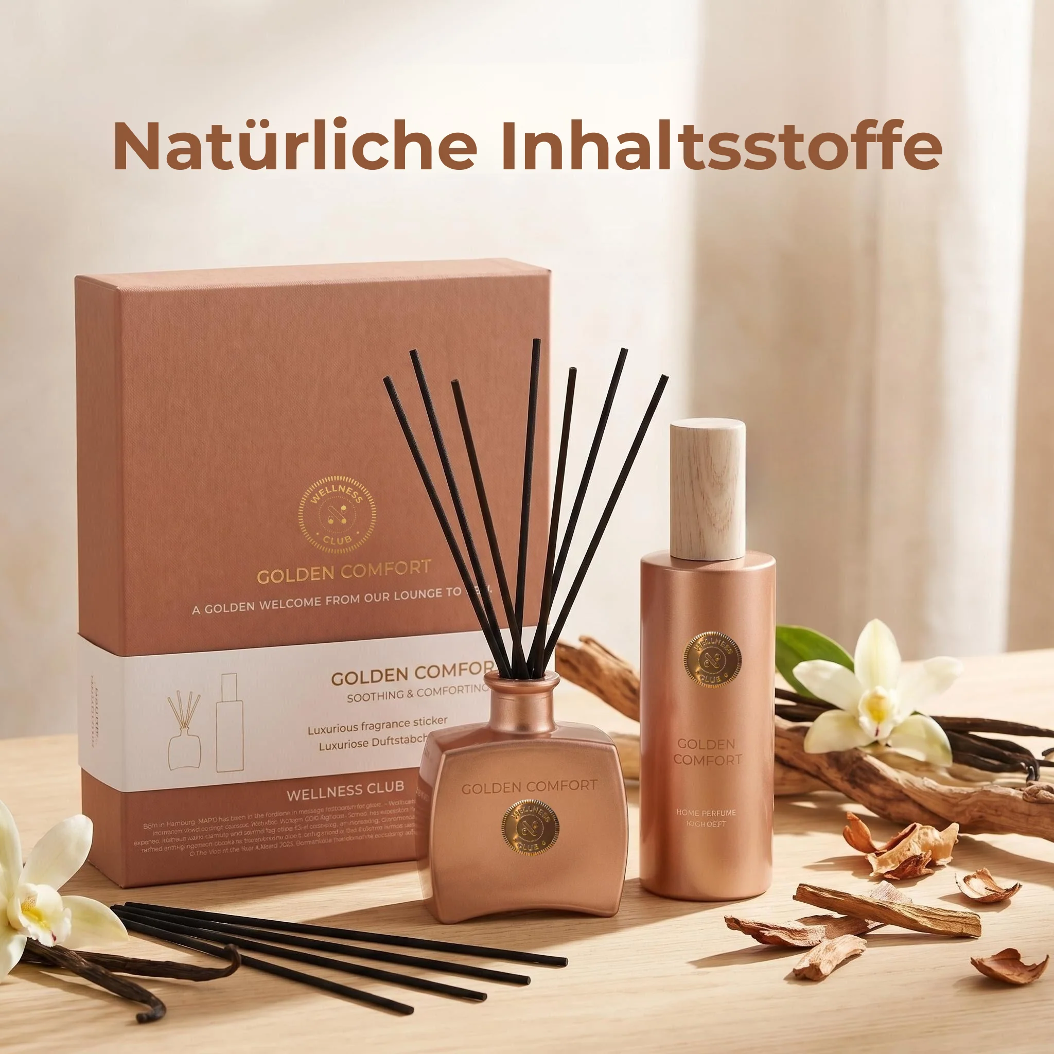 Set regalo Wellness Club GOLDEN COMFORT Vaniglia – Diffusore di incenso 100 ml + Spray profumato per ambienti 200 ml – Oli essenziali naturali – Per soggiorno, camera da letto, bagno, ufficio - Image 7