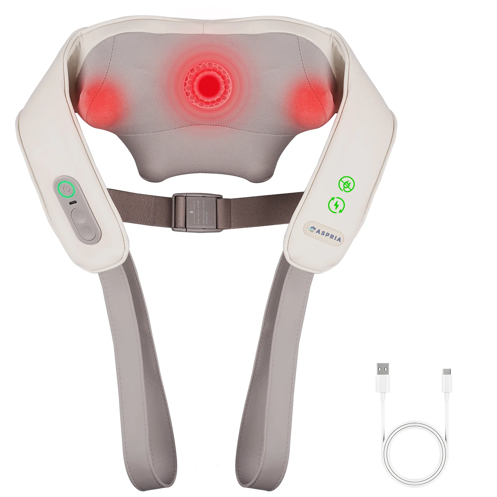 Massaggiatore per collo e spalle Aspria con calore - Massaggiatore Shiatsu per tessuti profondi della schiena per alleviare il dolore, massaggiatore per collo riscaldante ricaricabile e senza fili per casa, ufficio, regali per uomini/donne/mamma/papà