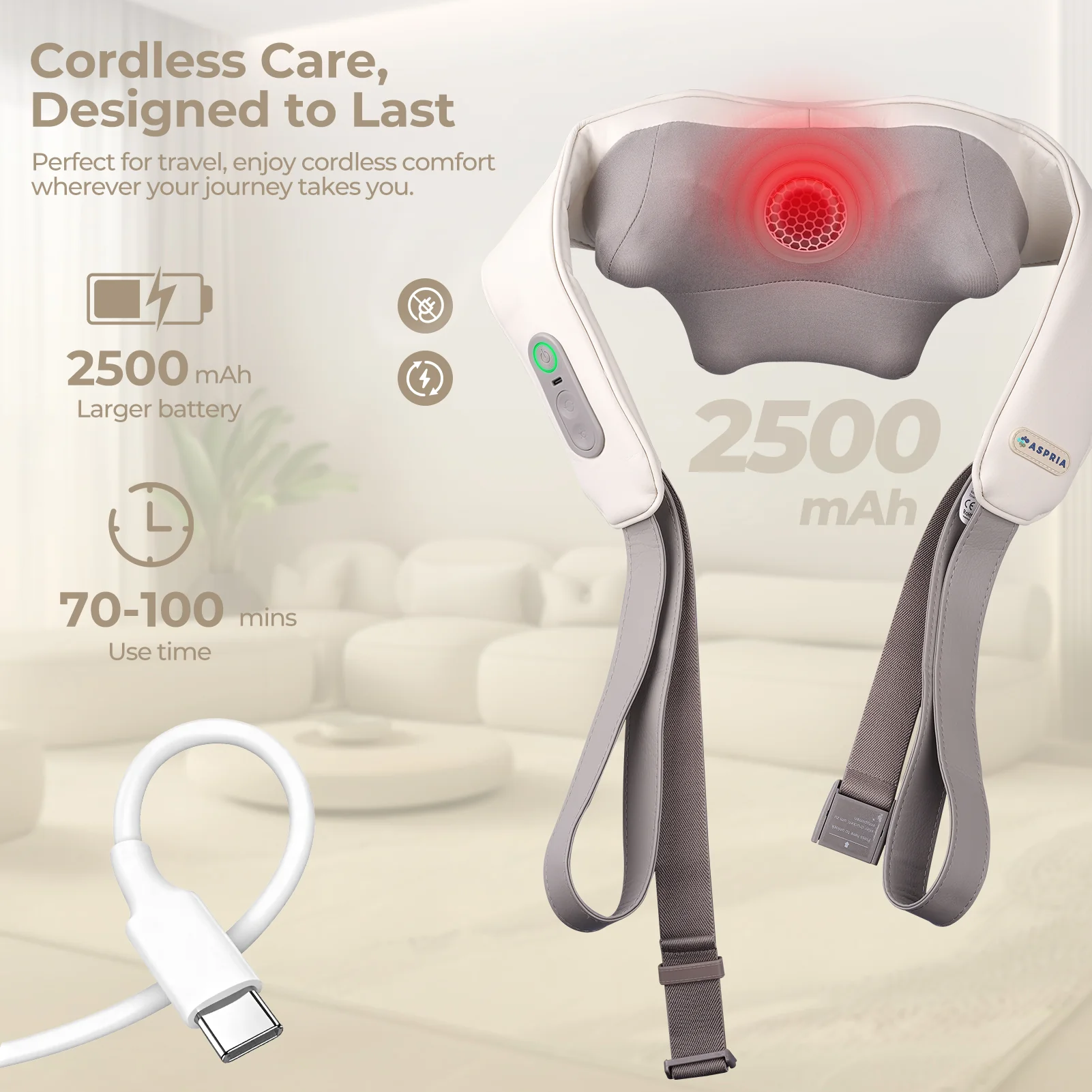 Massaggiatore per collo e spalle Aspria con calore - Massaggiatore Shiatsu per tessuti profondi della schiena per alleviare il dolore, massaggiatore per collo riscaldante ricaricabile e senza fili per casa, ufficio, regali per uomini/donne/mamma/papà - Image 2
