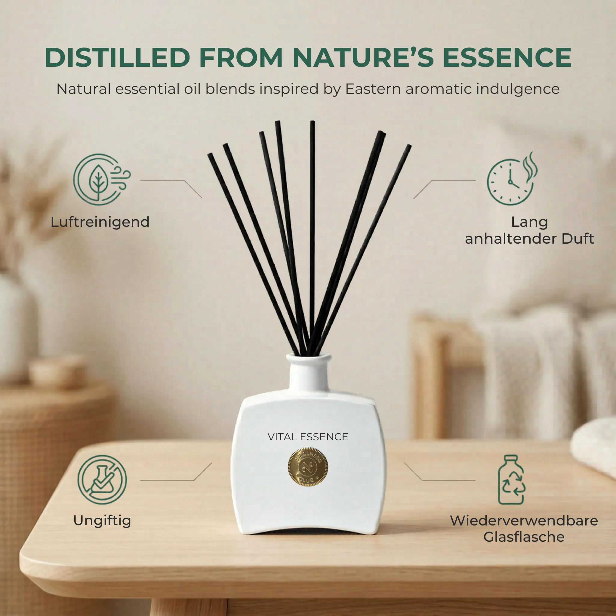 Diffusore di fragranze con bastoncini di incenso alla citronella VITAL ESSENCE di Wellness Club – 200 ml – Oli essenziali naturali – 8 bastoncini in rattan – Per soggiorno, ufficio, bagno, camera da letto - Image 4