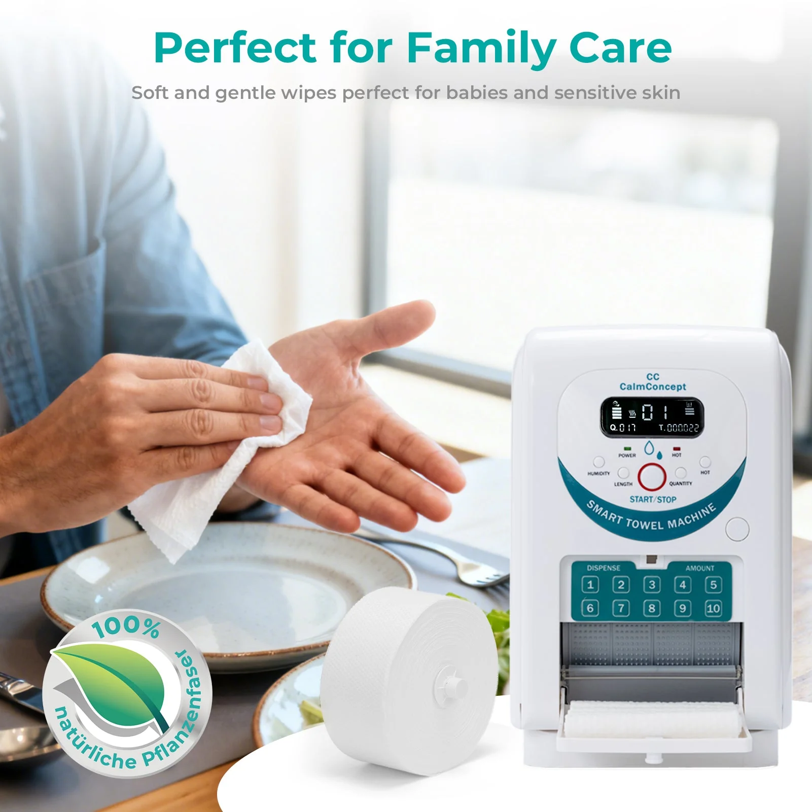 Dispenser di asciugamani caldi CalmConcept® con funzione di umidificazione e riscaldamento (fino a 60 °C), display LED, erogazione rapida in 2 secondi, scaldasalviette monouso igienico per spa, centri estetici, ristoranti e casa, modello A - Image 11