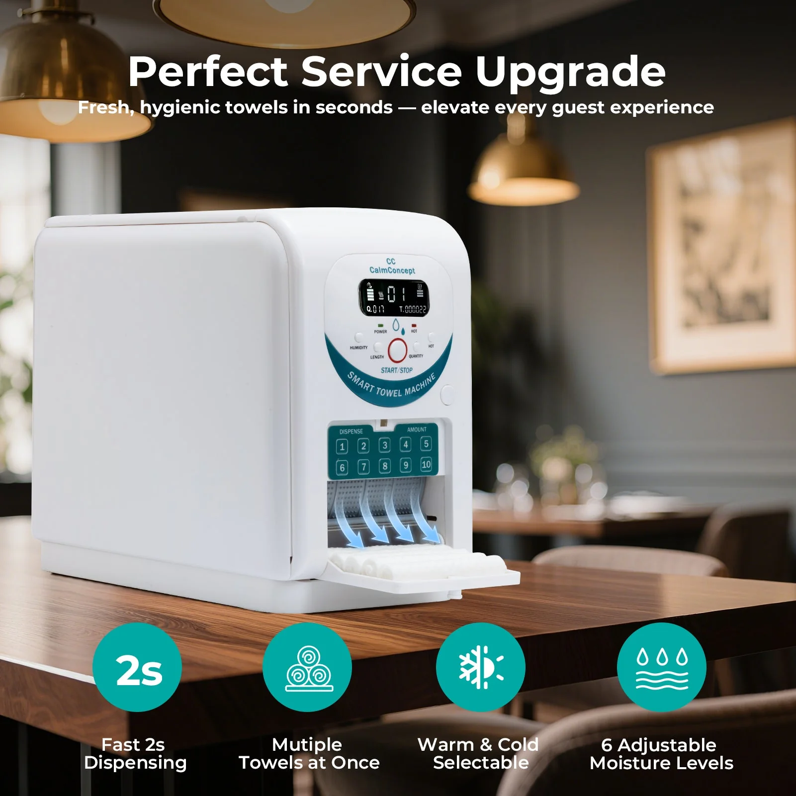 Dispenser di asciugamani caldi CalmConcept® con funzione di umidificazione e riscaldamento (fino a 60 °C), display LED, erogazione rapida in 2 secondi, scaldasalviette monouso igienico per spa, centri estetici, ristoranti e casa, modello A - Image 2