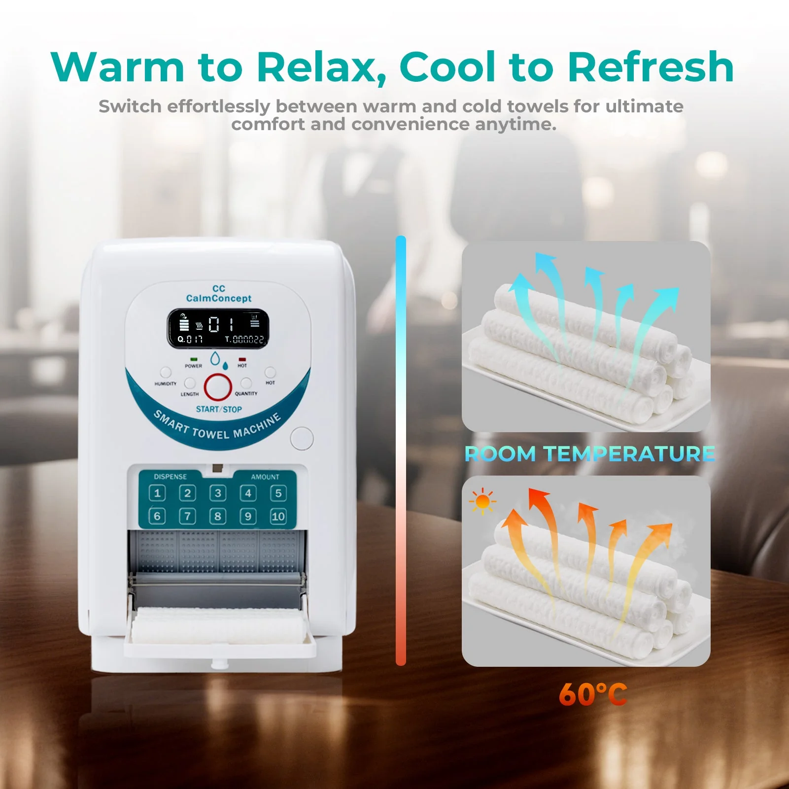 Dispenser di asciugamani caldi CalmConcept® con funzione di umidificazione e riscaldamento (fino a 60 °C), display LED, erogazione rapida in 2 secondi, scaldasalviette monouso igienico per spa, centri estetici, ristoranti e casa, modello A - Image 3