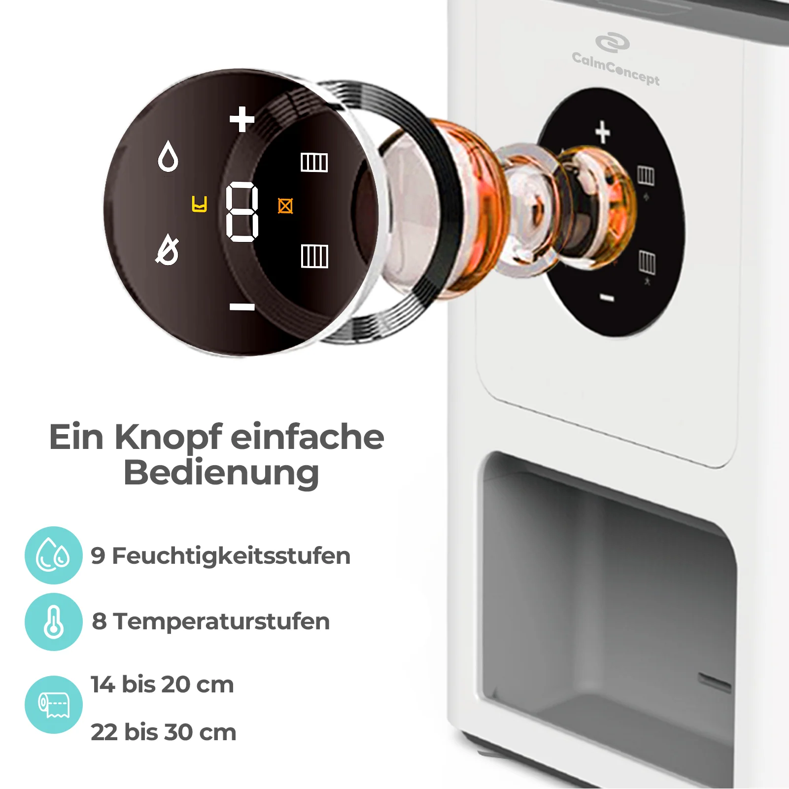 Dispenser di salviette calde CalmConcept®: salviette calde con la semplice pressione di un pulsante, con 9 livelli di umidità, 8 livelli di temperatura e un serbatoio d'acqua da 1400 ml, modello Q6 - Image 4