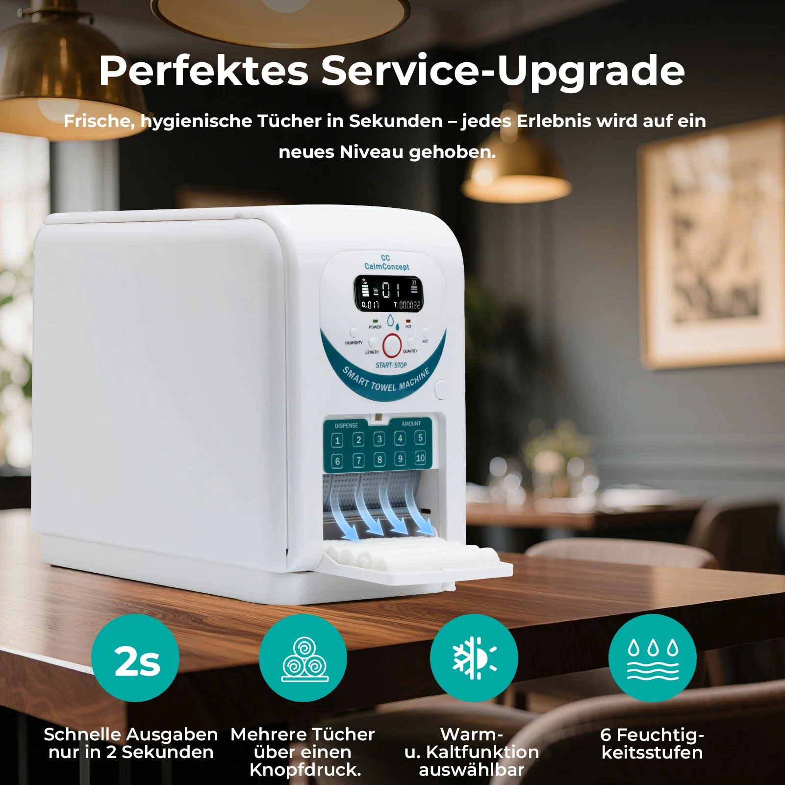 Dispenser di asciugamani caldi CalmConcept® con funzione di umidificazione e riscaldamento (fino a 60 °C), display LED, erogazione rapida in 2 secondi, scaldasalviette monouso igienico per spa, centri estetici, ristoranti e casa, modello A - Image 3