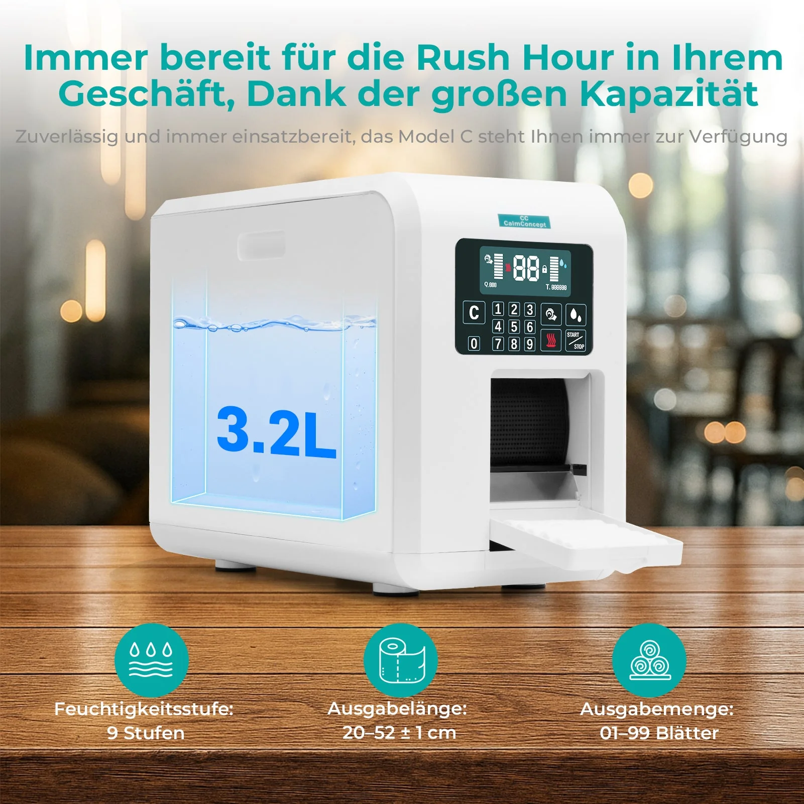 Dispenser di asciugamani caldi CalmConcept® con funzione di umidificazione e riscaldamento (fino a 60 °C), display LED, erogazione rapida in 2 secondi, scaldasalviette monouso igienico per spa, centro estetico, ristorante, modello C - Image 4
