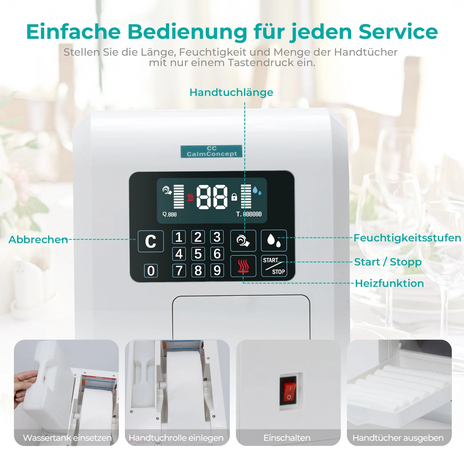 Dispenser di asciugamani caldi CalmConcept® con funzione di umidificazione e riscaldamento (fino a 60 °C), display LED, erogazione rapida in 2 secondi, scaldasalviette monouso igienico per spa, centro estetico, ristorante, modello C - Image 8