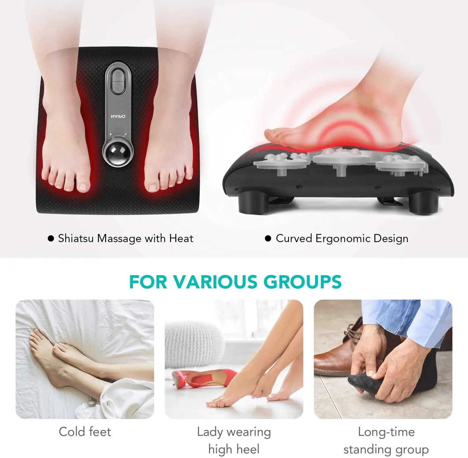 Massaggiatore plantare Naipo Massaggiatore plantare shiatsu Massaggio plantare elettrico con funzione di calore e 18 nodi di massaggio per la cura dei piedi per la casa e l'ufficio - Image 3