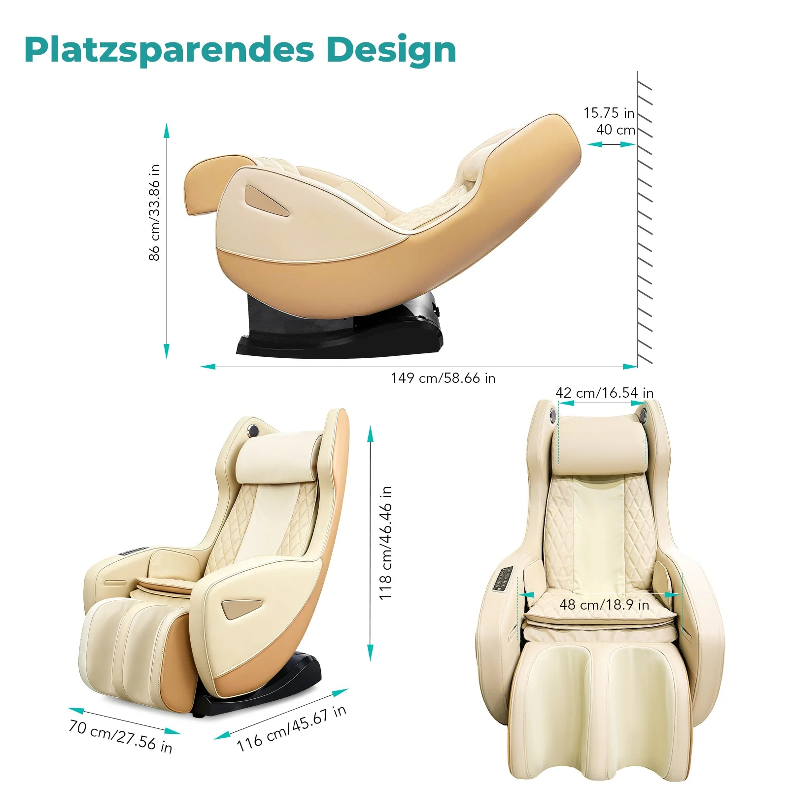Poltrona massaggiante NAIPO con calore | Premio di design | Bluetooth | Funzione reclinabile | Salvaspazio | Crema-Beige - Image 7