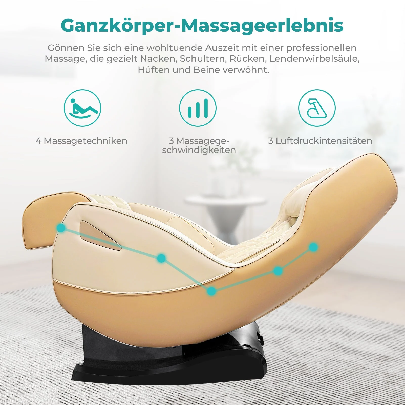Poltrona massaggiante NAIPO con calore | Premio di design | Bluetooth | Funzione reclinabile | Salvaspazio | Crema-Beige - Image 9