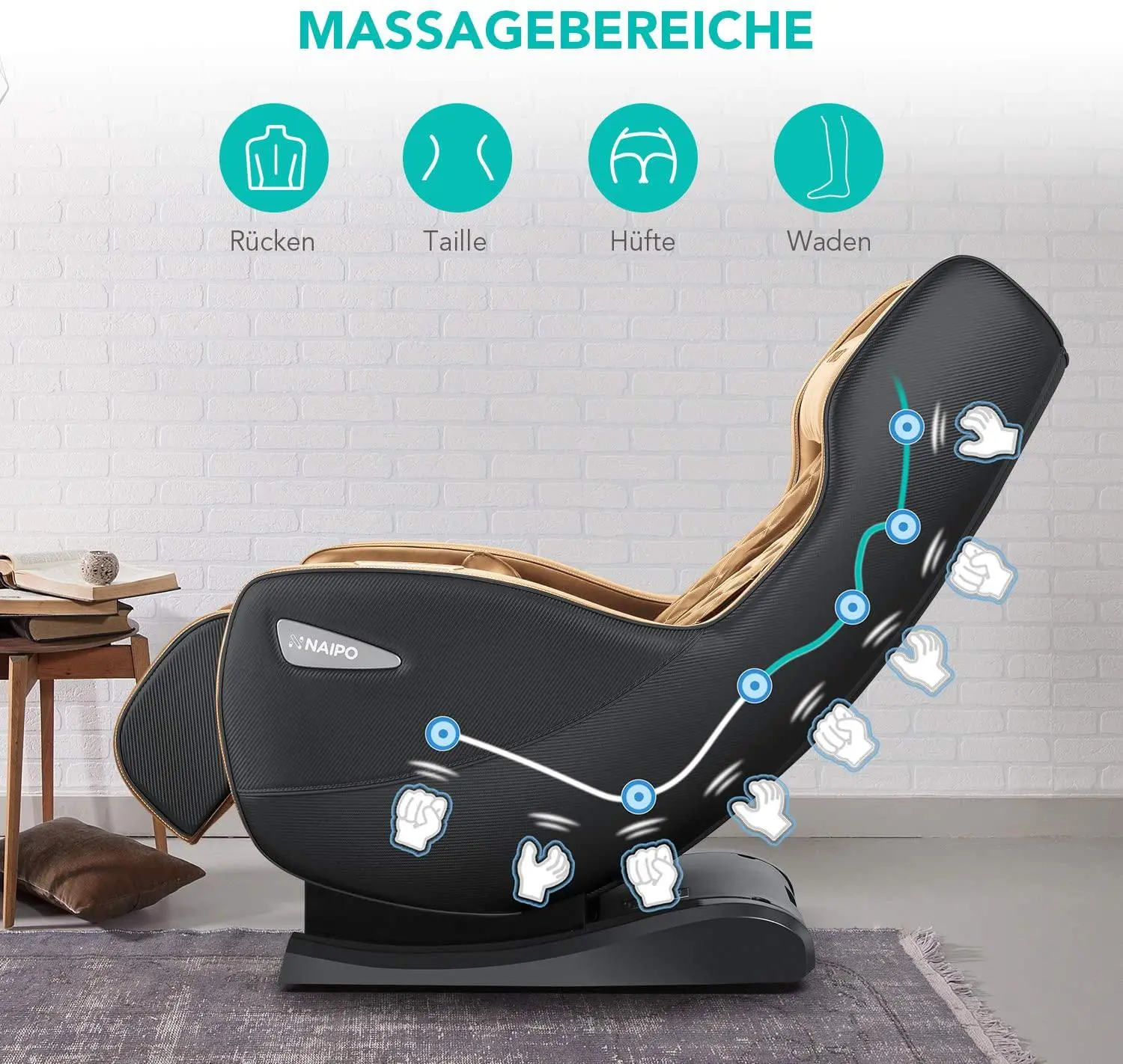 Poltrona massaggiante premium NAIPO, premio per il design, Bluetooth, funzione reclinabile, salvaspazio, marrone - Image 3