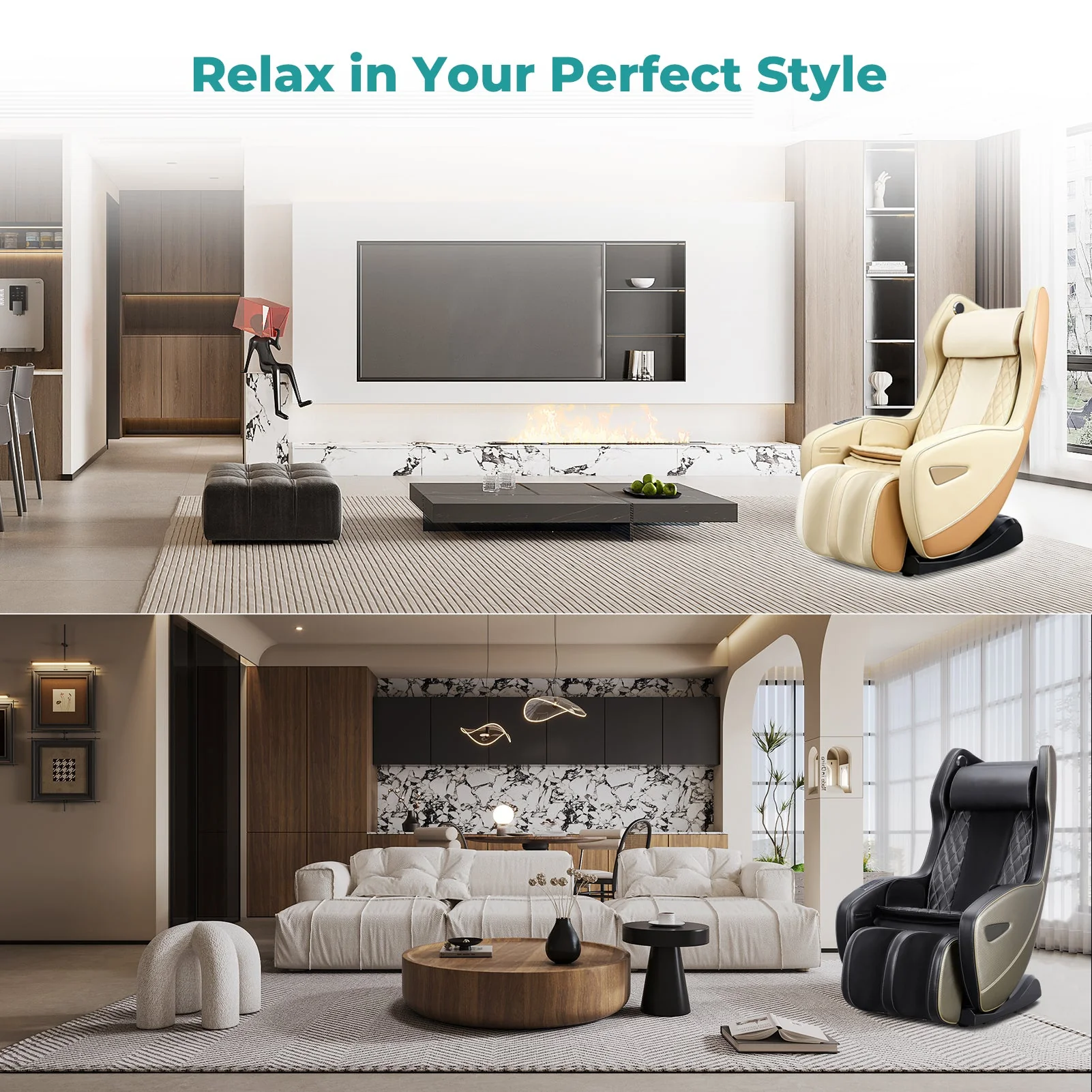 Poltrona massaggiante NAIPO con calore | Premio di design | Bluetooth | Funzione reclinabile | Salvaspazio | Crema-Beige - Image 14