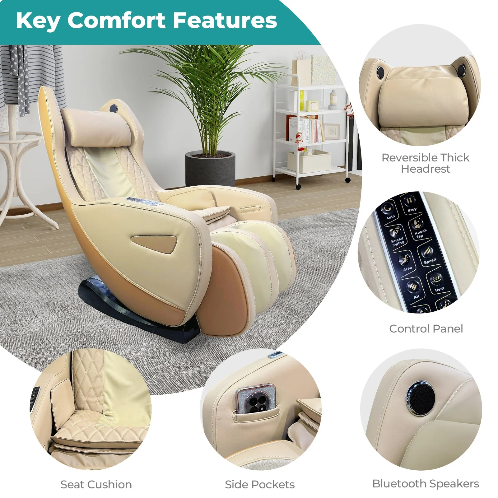 Poltrona massaggiante NAIPO con calore | Premio di design | Bluetooth | Funzione reclinabile | Salvaspazio | Crema-Beige - Image 8