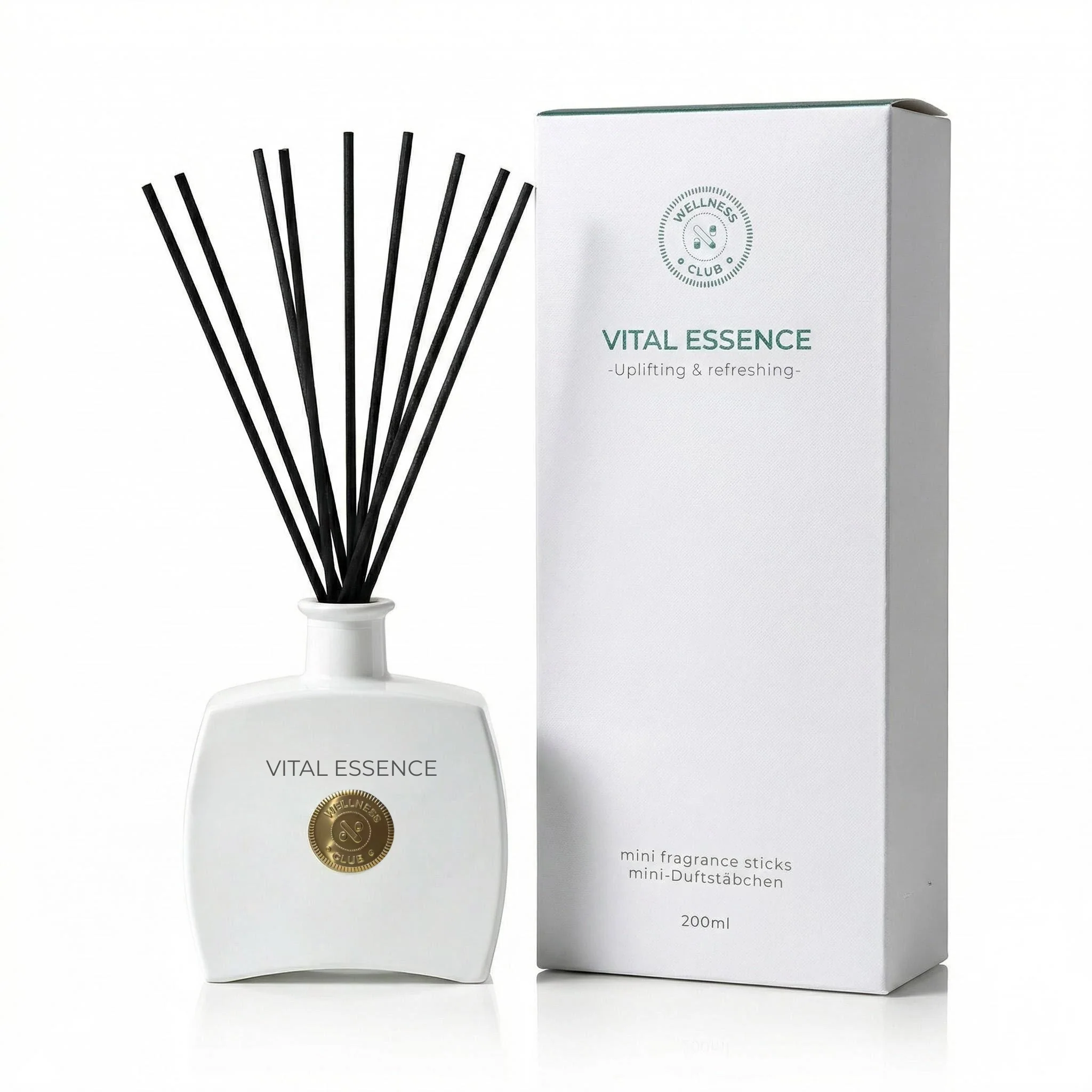 Diffusore di aromi a bastoncini Vital Essence Lemongrass di Wellness Club 200 ml – Oli essenziali naturali – 8 bastoncini in rattan – Per soggiorno, ufficio, bagno, camera da letto