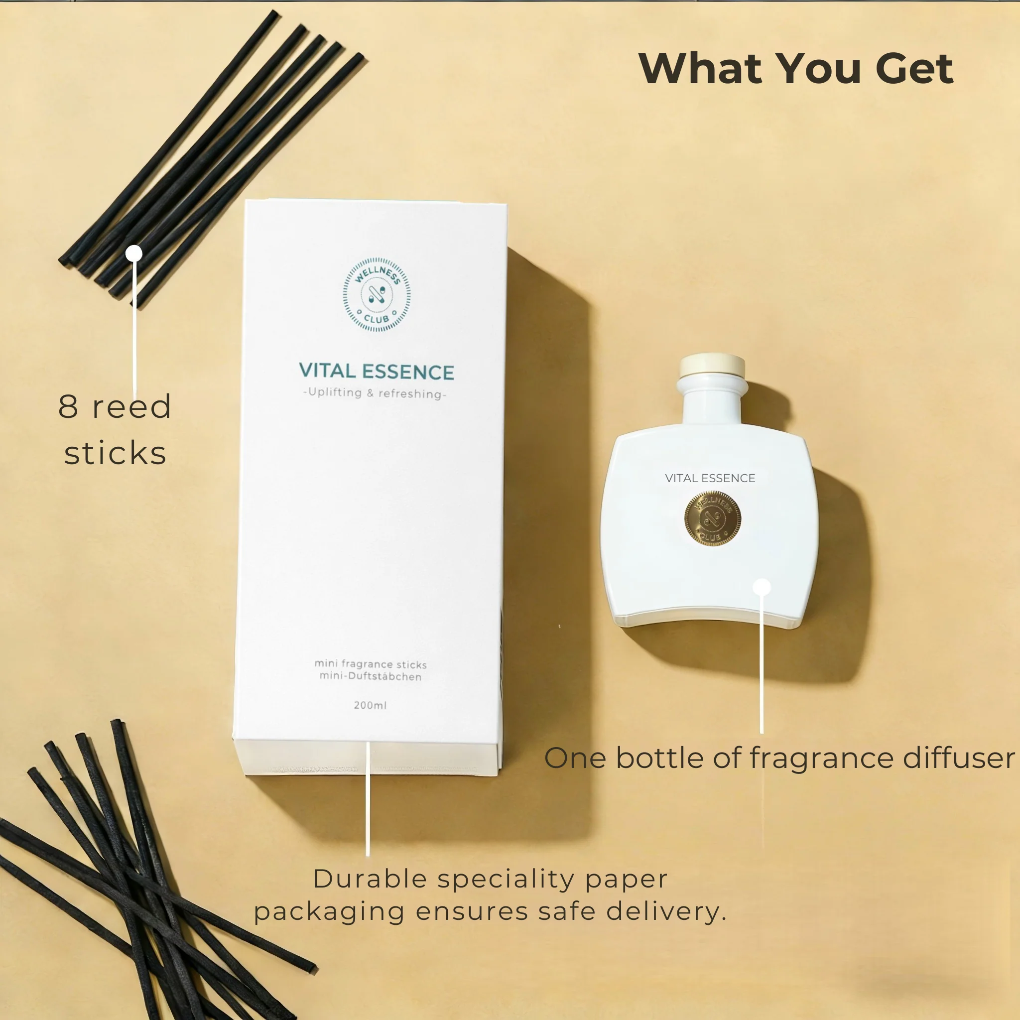 Diffusore di aromi a bastoncini Vital Essence Lemongrass di Wellness Club 200 ml – Oli essenziali naturali – 8 bastoncini in rattan – Per soggiorno, ufficio, bagno, camera da letto - Image 7